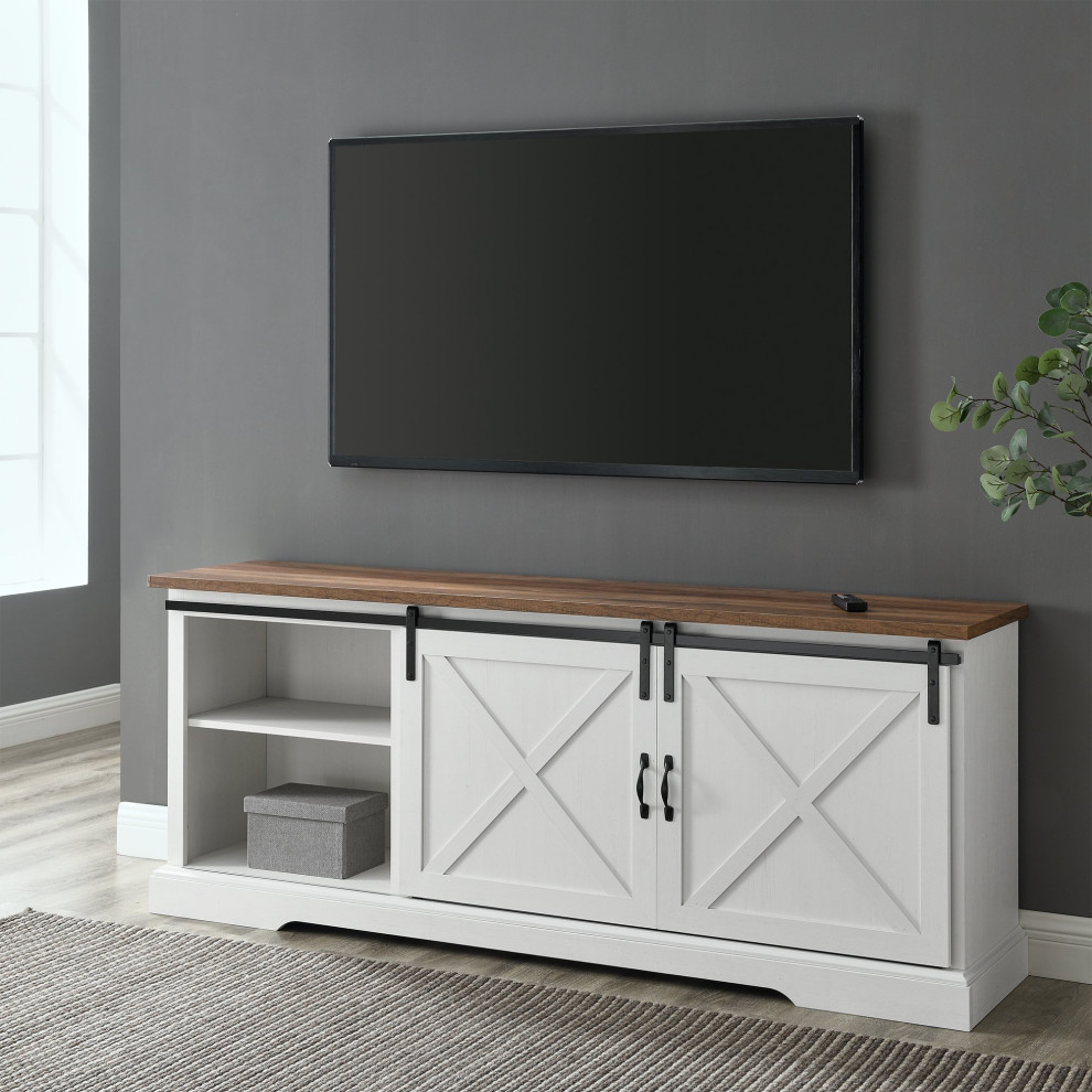 Farmhouse TV Stand  X Accented Barn Doors  Large Reclaimed Barnwood Top  White   Farmhouse   Entertainment Centers And Tv Stands   by Declusia  Houzz