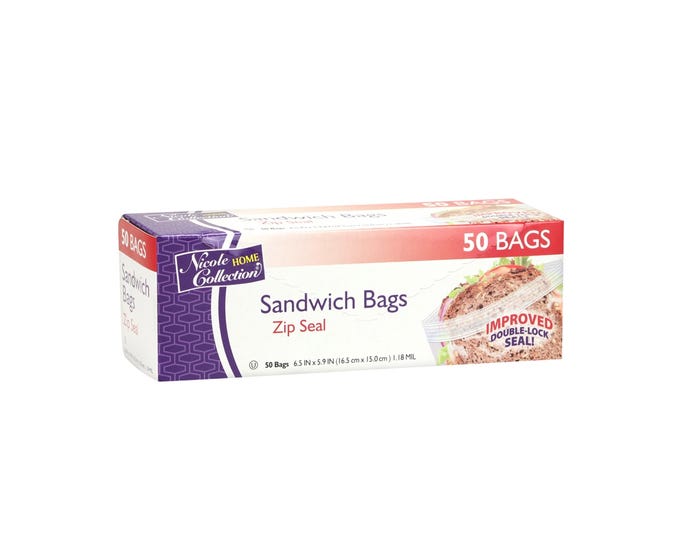 Nicole Home Collection Zip Seal Sandwich Bags， 50 Count - 01010