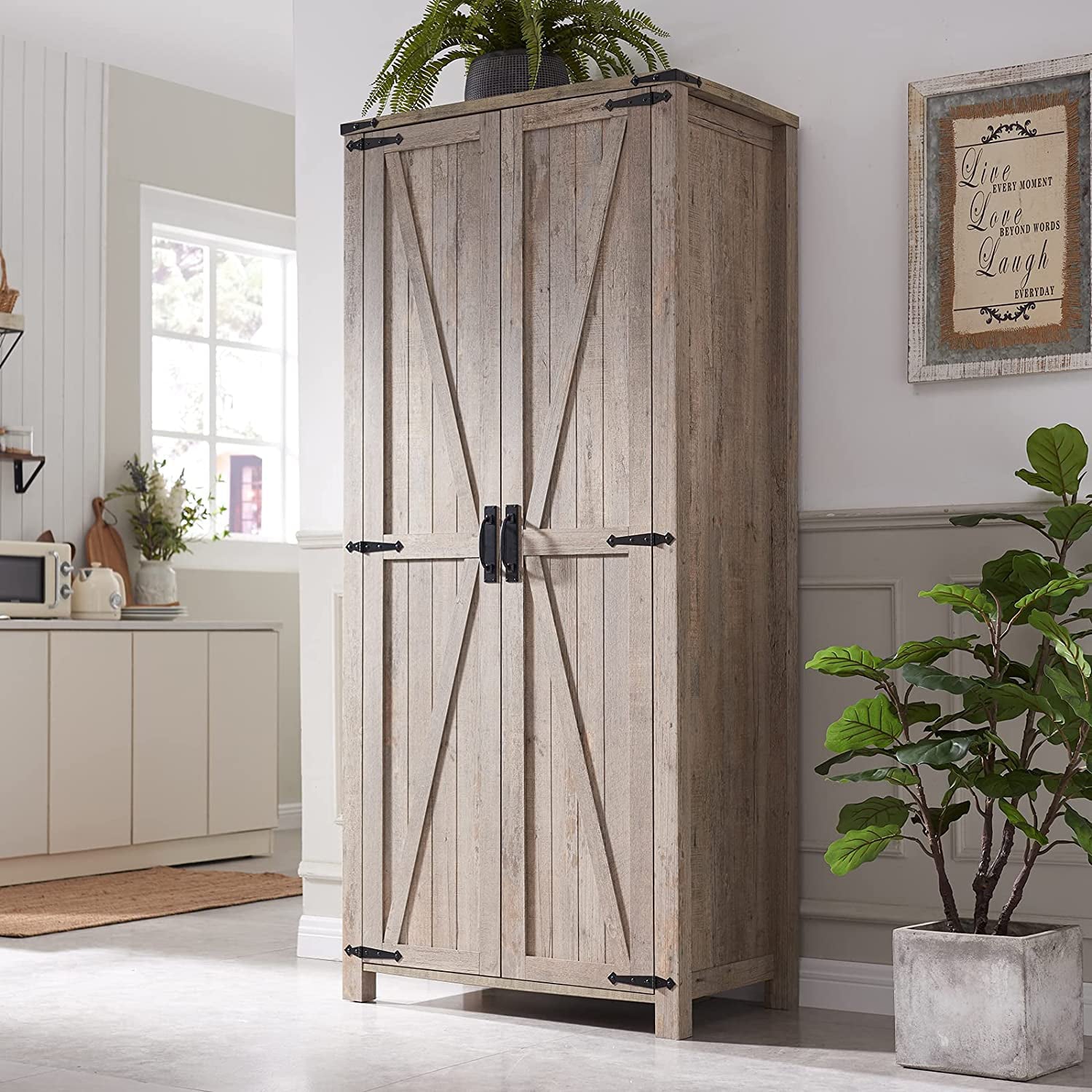 OKD 2-Door Kitchen Pantry Bathroom Storage Cabinet， Light Rustic Oak