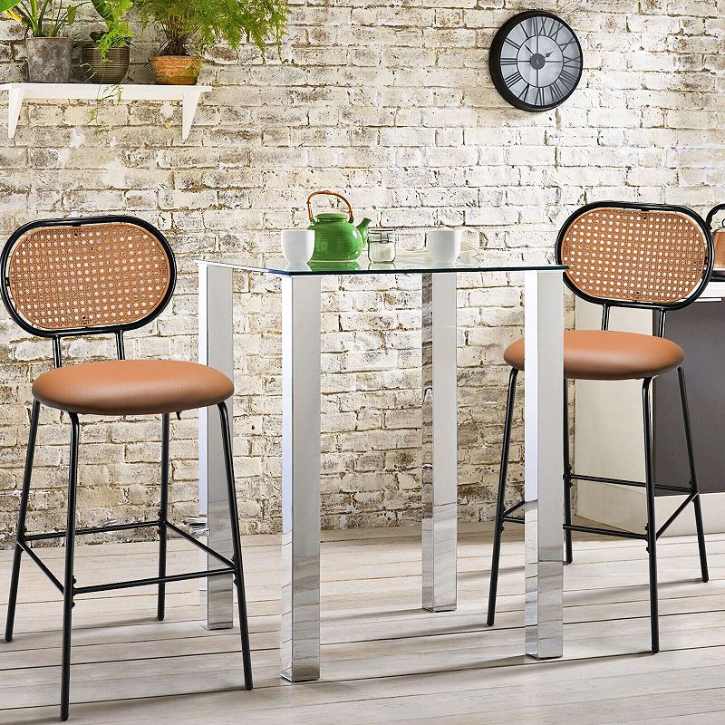 29.5 Inch Modern Faux Leather Bar Stools with Imitation Rattan Woven Backrest