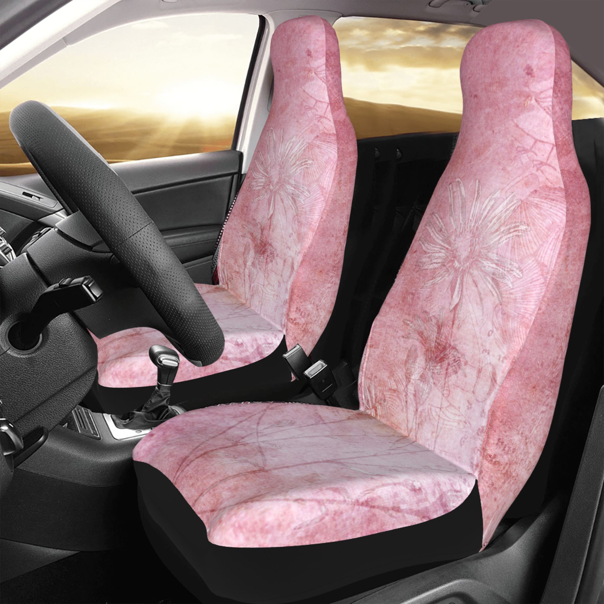 Easy to Install Car Universal Seat Cover， Pink Vintage Pattern Four Seasons Universal Front Seat Cover， 2-Piece