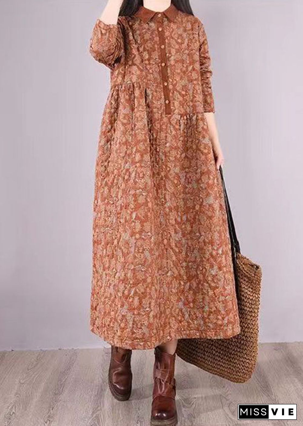 Natural Orange Print Patchwork Fine Cotton Filled Dresses Winter