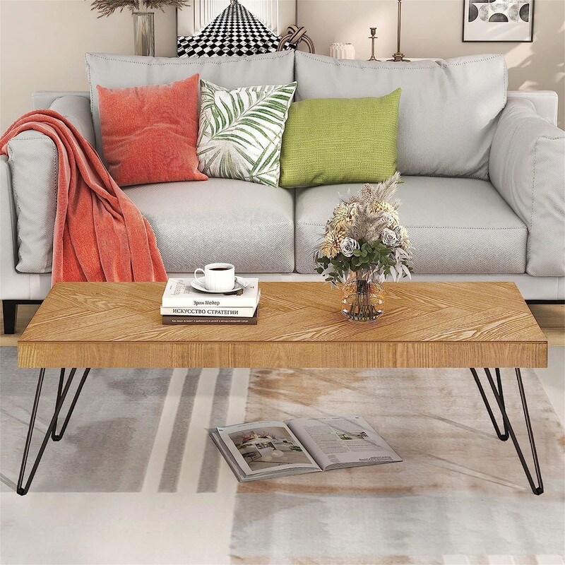 Natural wood coffee table 43.3-inch coffee table with chevron pattern and metal hairpin legs