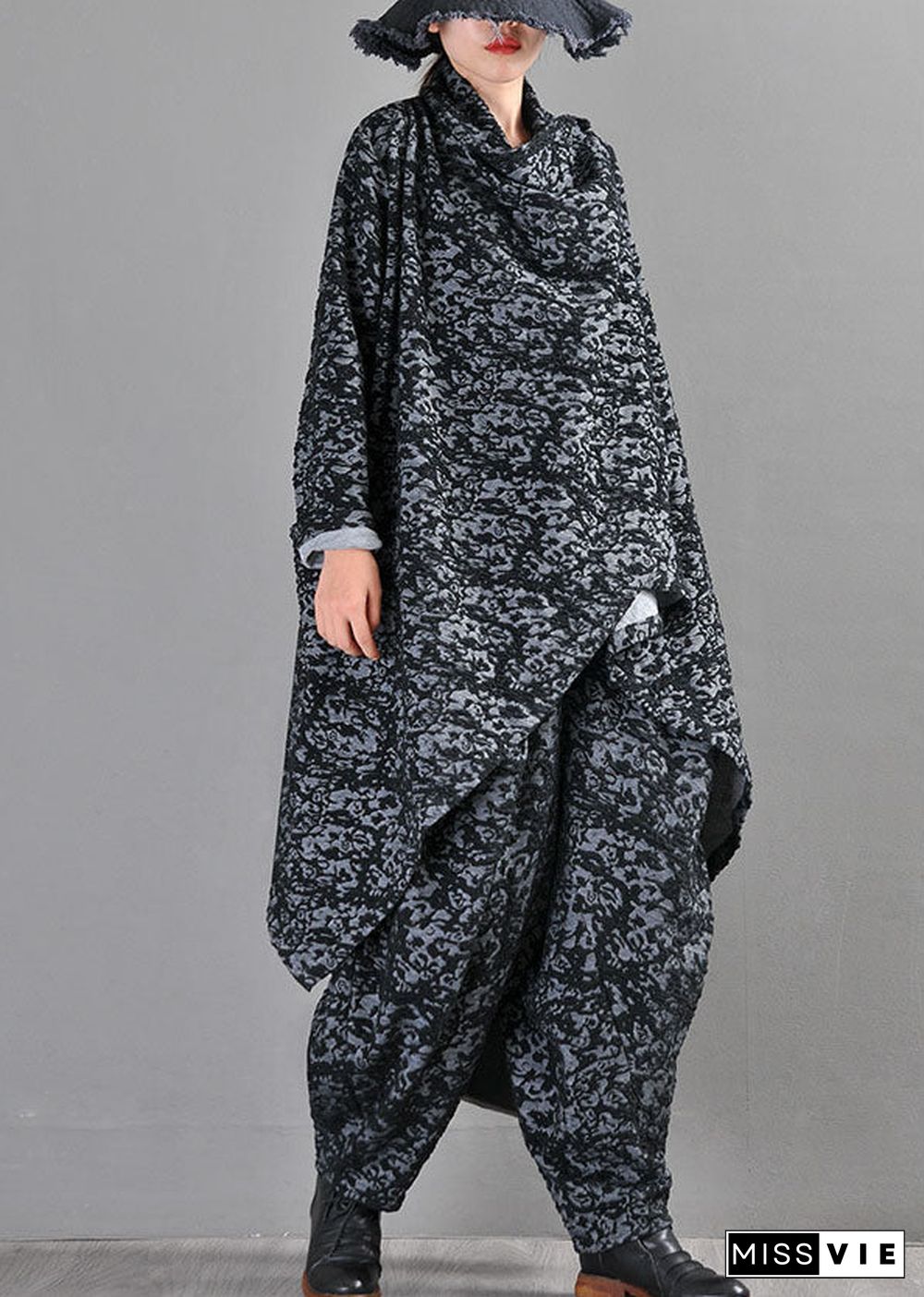 Boutique Black Grey Knit asymmetrical design Print Fall Coat