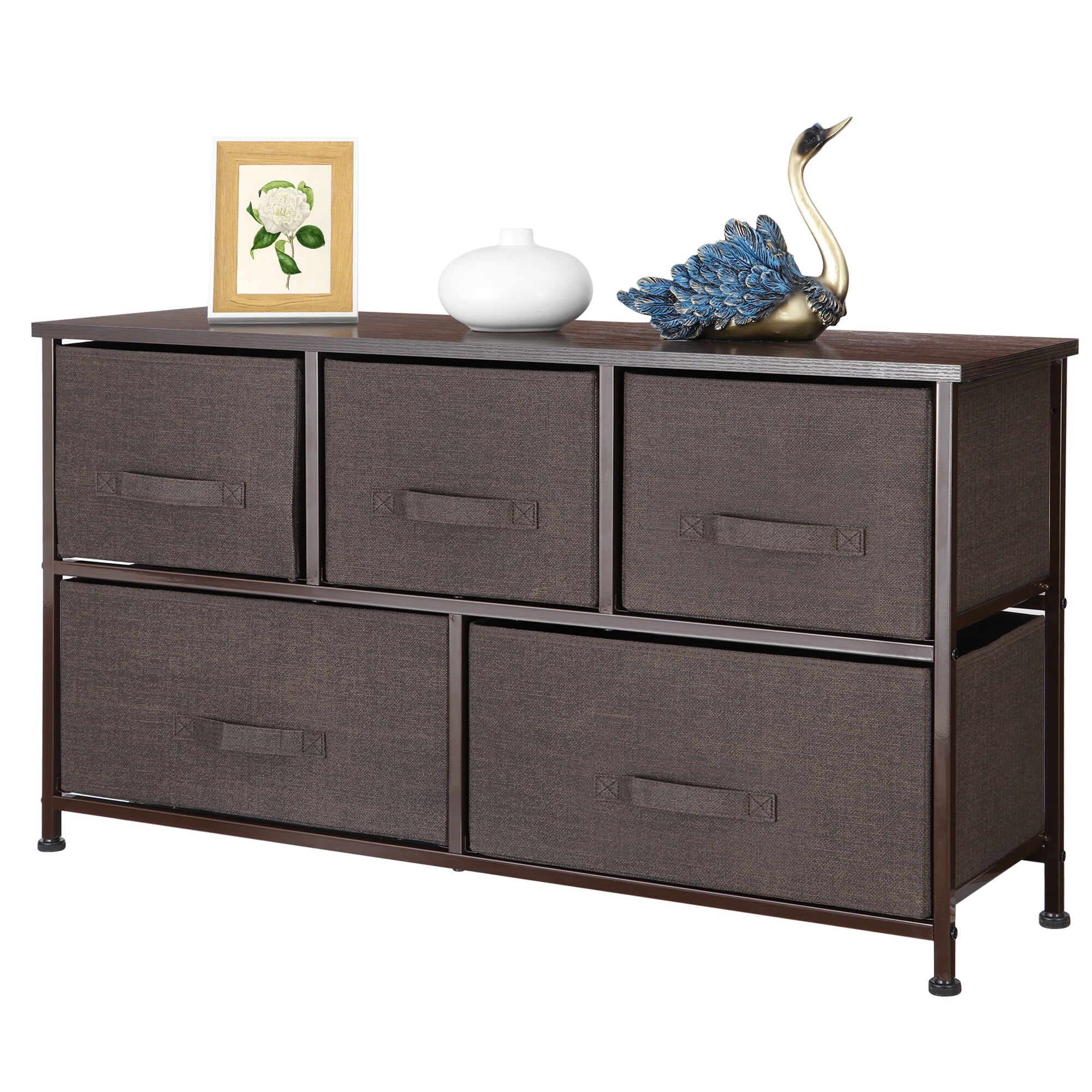 HomGarden Modern 2-Tier Storage Dresser W/5-Drawers, Wide Chest Fabric Organizer Furniture Brown