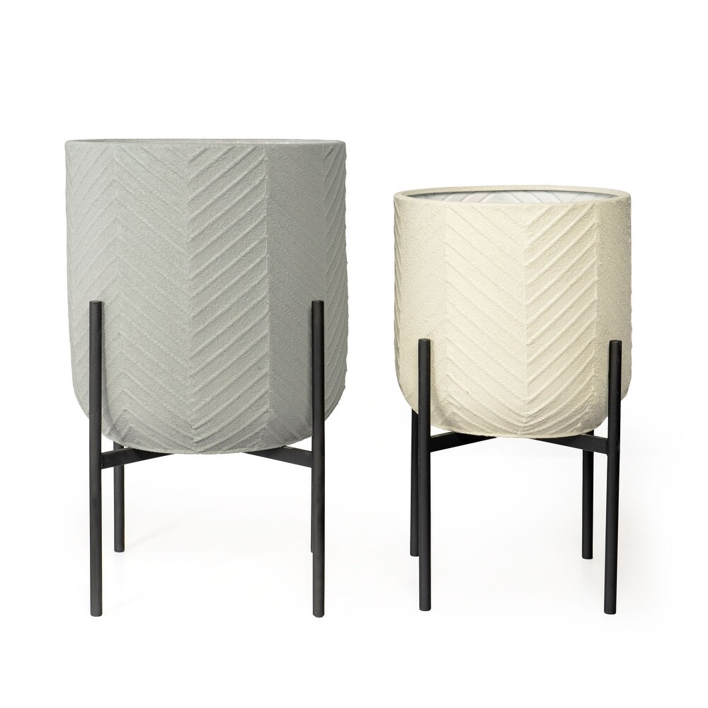 Ginkgo Grey and White Large Metal Floor Planters  Set of 2   16 x 16 x 25