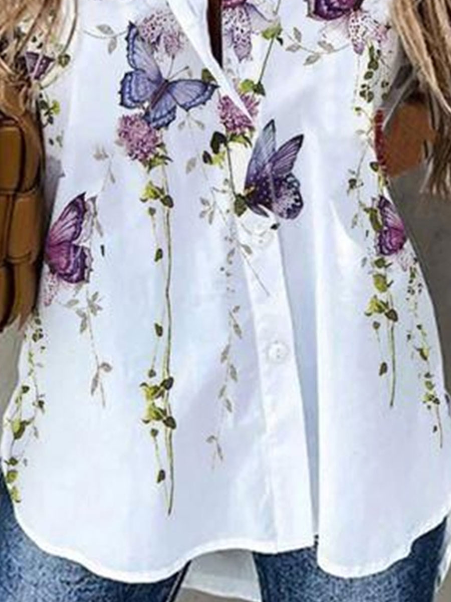 Casual Loose Butterfly Print Short Sleeve Blouse