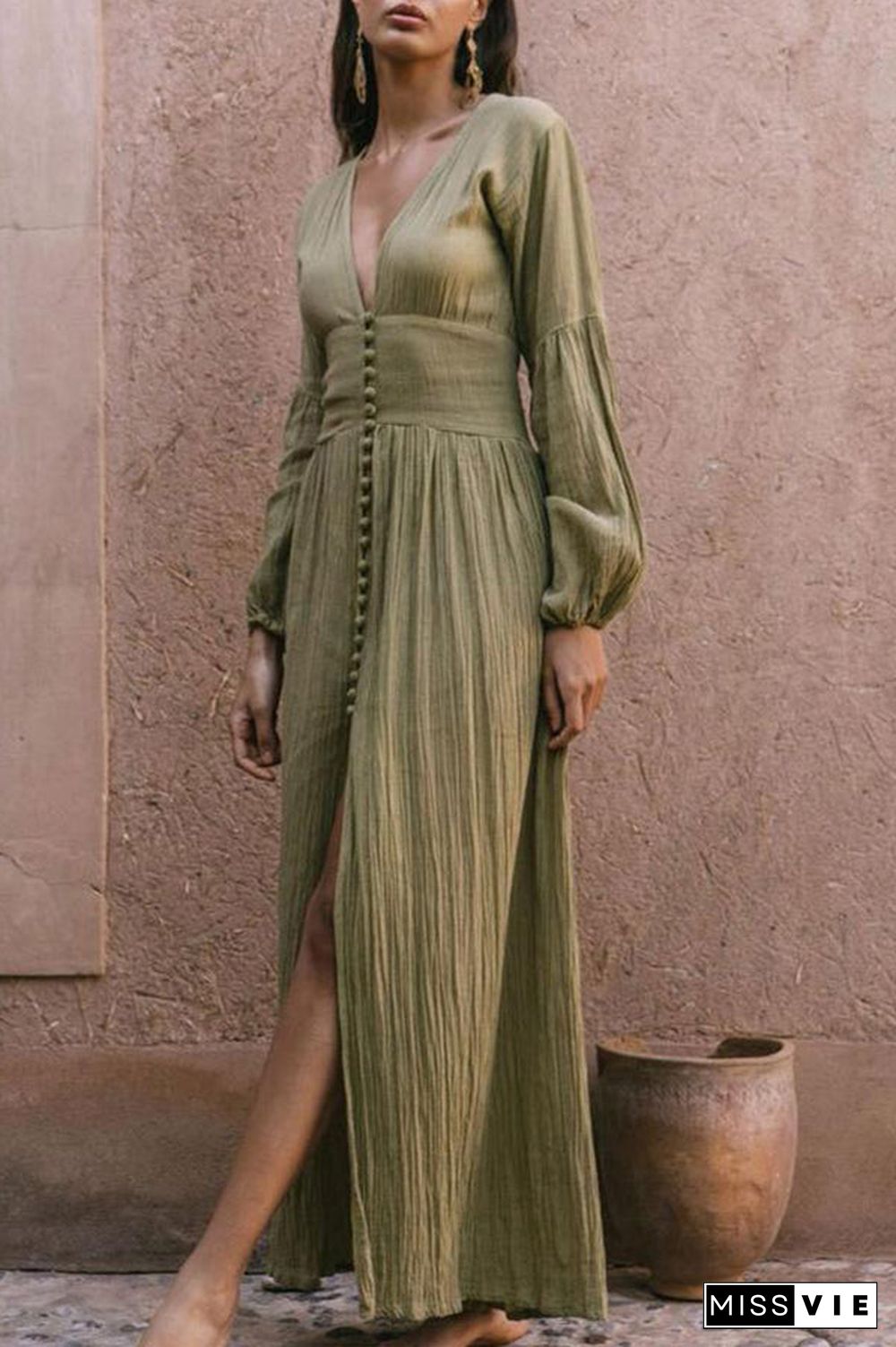 Plunging Button Long Sleeve Maxi Dress