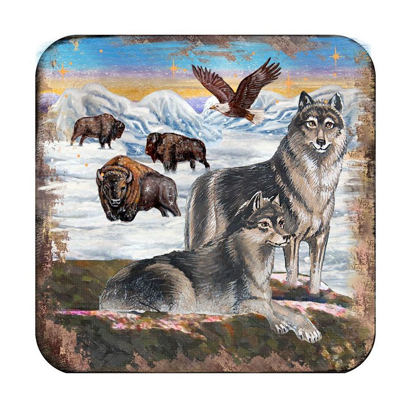 Winter Wolves Wooden Cork Coasters Gift Set of 4 by Nature Wonders