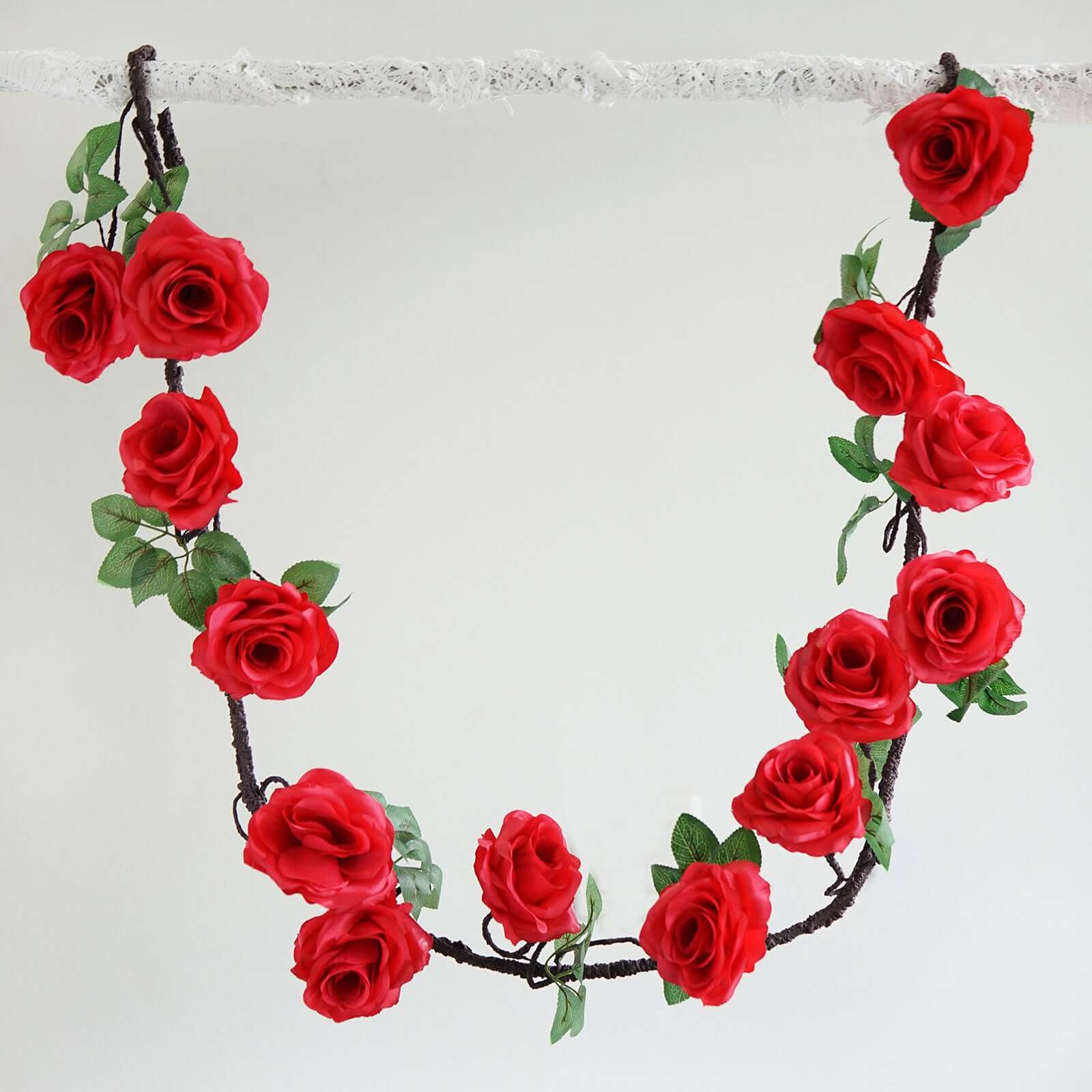 Red Artificial Silk Rose Hanging Flower Garland, Faux Vine 6ft