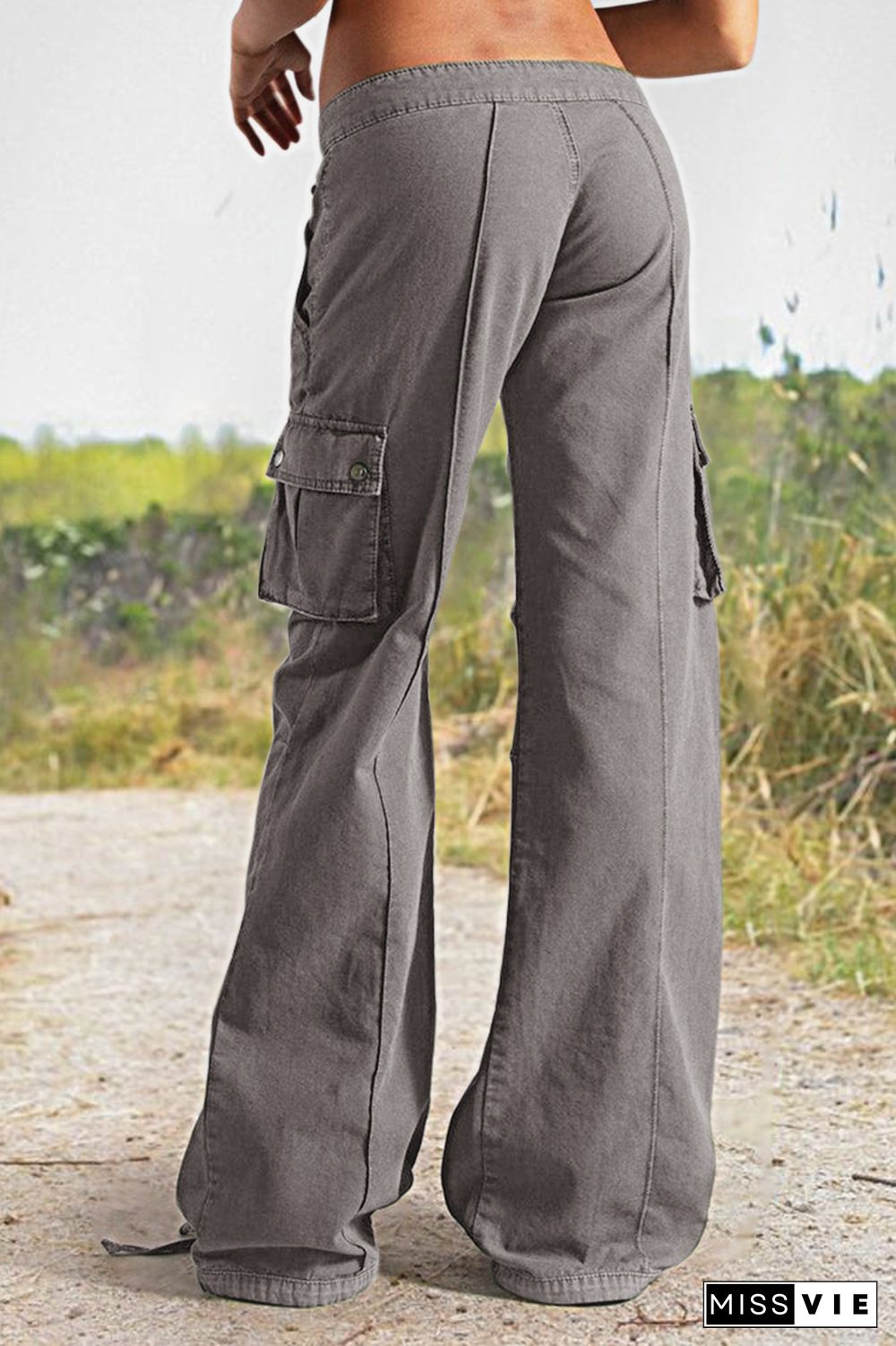 Flap Pocket Drawstring Low Rise Wide Leg Cargo Pants