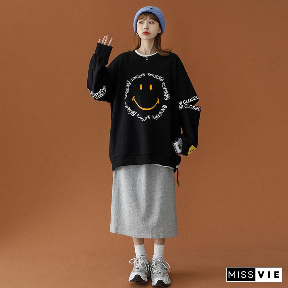 Smiley Letters Print Loose Sweatshirt