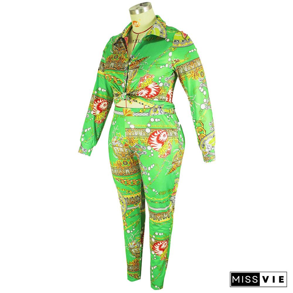 Plus Size Print Turn Down Shirt Top Pencil Pants Suit