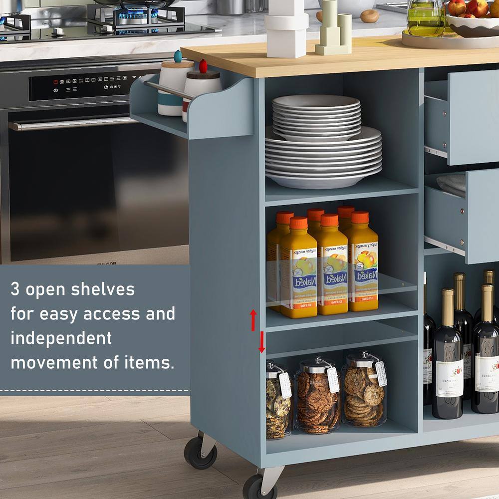 Blue Rubber Wood Drop-Leaf Countertop 41.34 in. W Kitchen Island on 4-Wheels with 2-Drawers and 3-Open Shelves XS-WF299363AAG