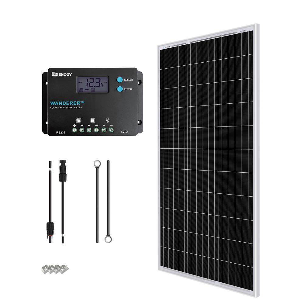 Renogy 100-Watt 12-Volt Off-Grid Solar Starter Kit w 1-Piece 100W Monocrystalline Panel and 10A PWM Wanderer Charge Controller RNG-KIT-STARTER100D-WND10