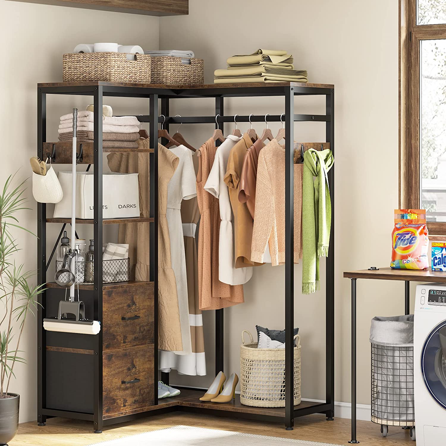 L Shaped Garment Rack with Shelves and 2 Fabric Drawers