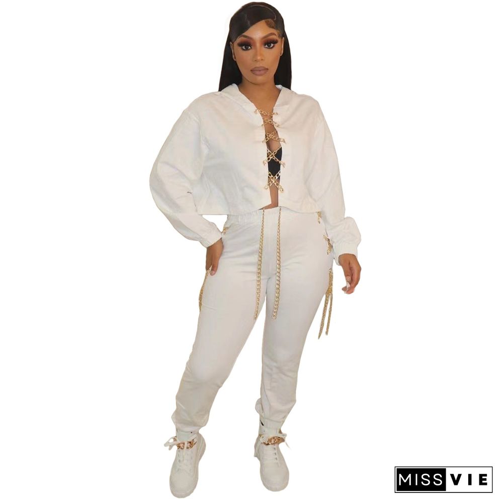 Chain Lace Up Hooded Sweatshirt and Jogger Pants Suit