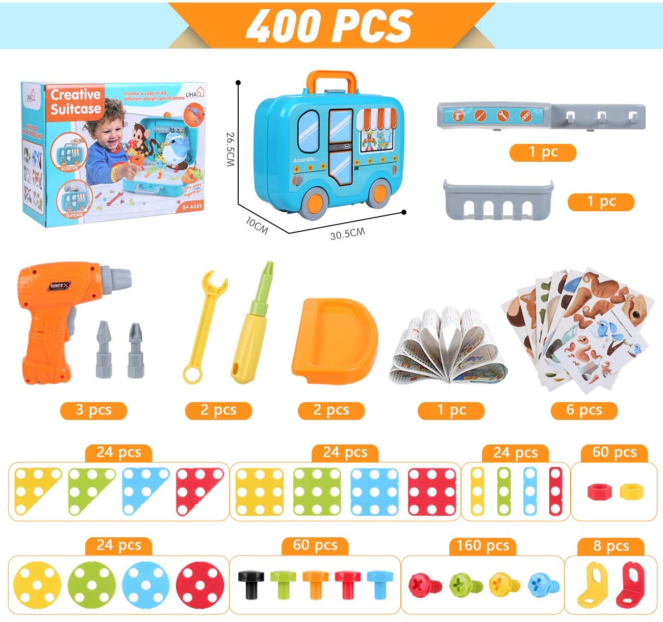 Moncolis 400Pcs STEM Kids Learning Building Toys 3D Electric Drill Toy Set Mosaic Puzzles Blocks Game Building Kit for Boys Girls Great Easter Party Game Set Birthday Gift for Kids 3 4 5 6 7 8 Ages