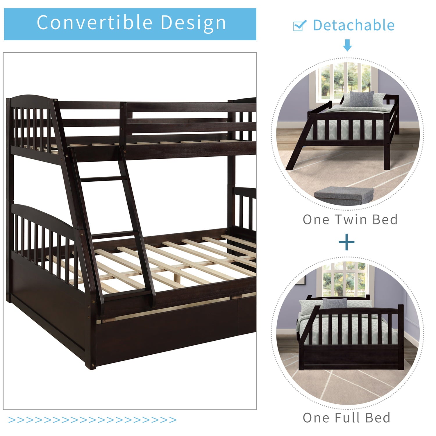 Twin Over Full Bunk Bed with Two Storage Drawers, Pine Wood Bed Frame and Ladder with Guard Rails for Toddlers, Kids, Teens, Boys and Girls, Espresso