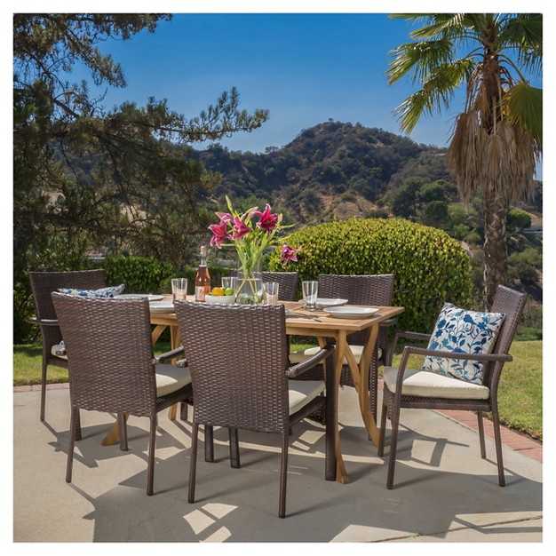 Corleone 7pc Acacia Wood amp All weather Wicker Dining Set Uv protected Cushioned Seating Christopher Knight Home