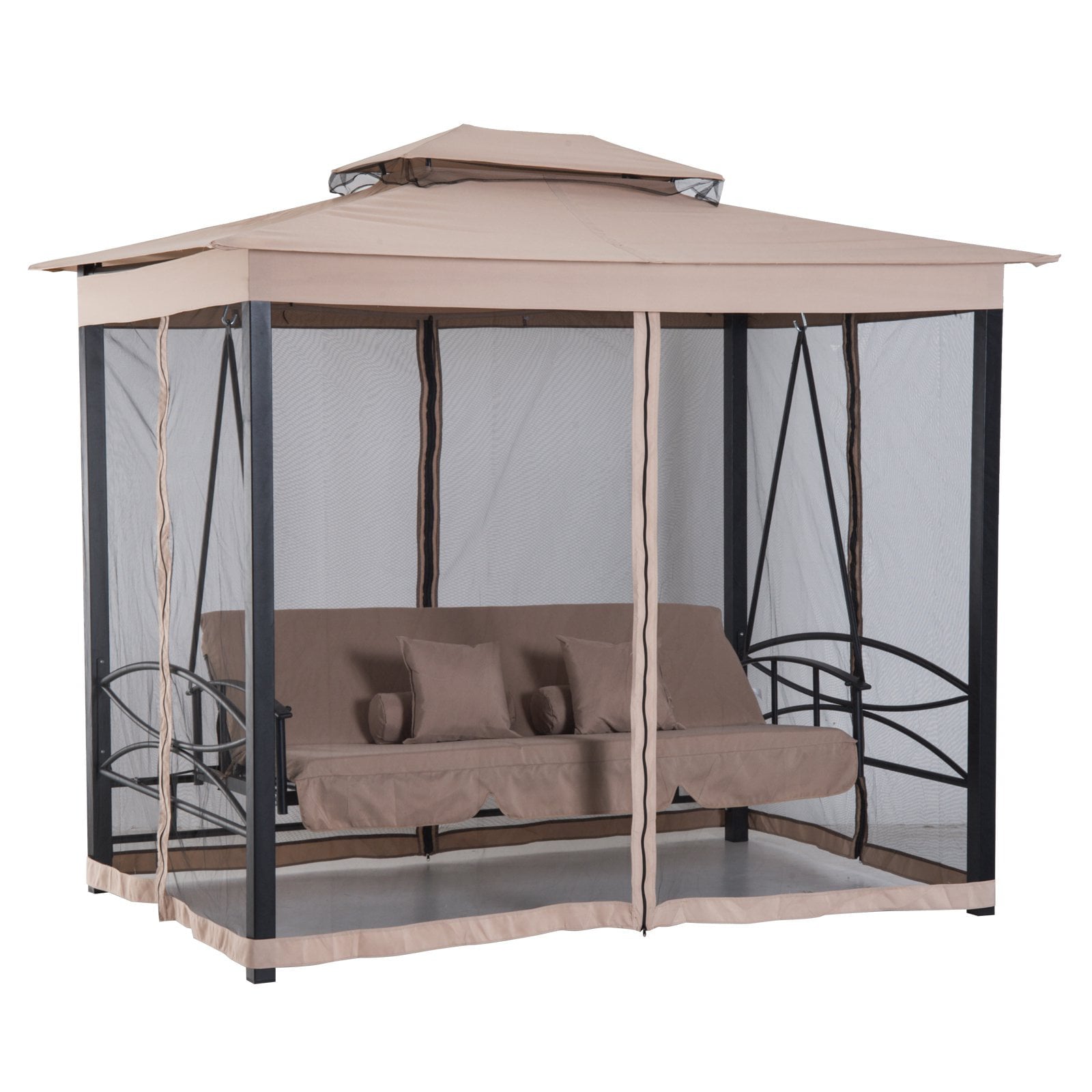 3 Person Outdoor Patio Daybed Canopy Gazebo Swing with Mesh Walls