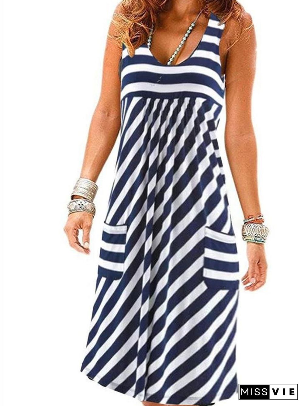 Fashion striped dress large size summer dress  loose simple sleeveless dress women's clothing