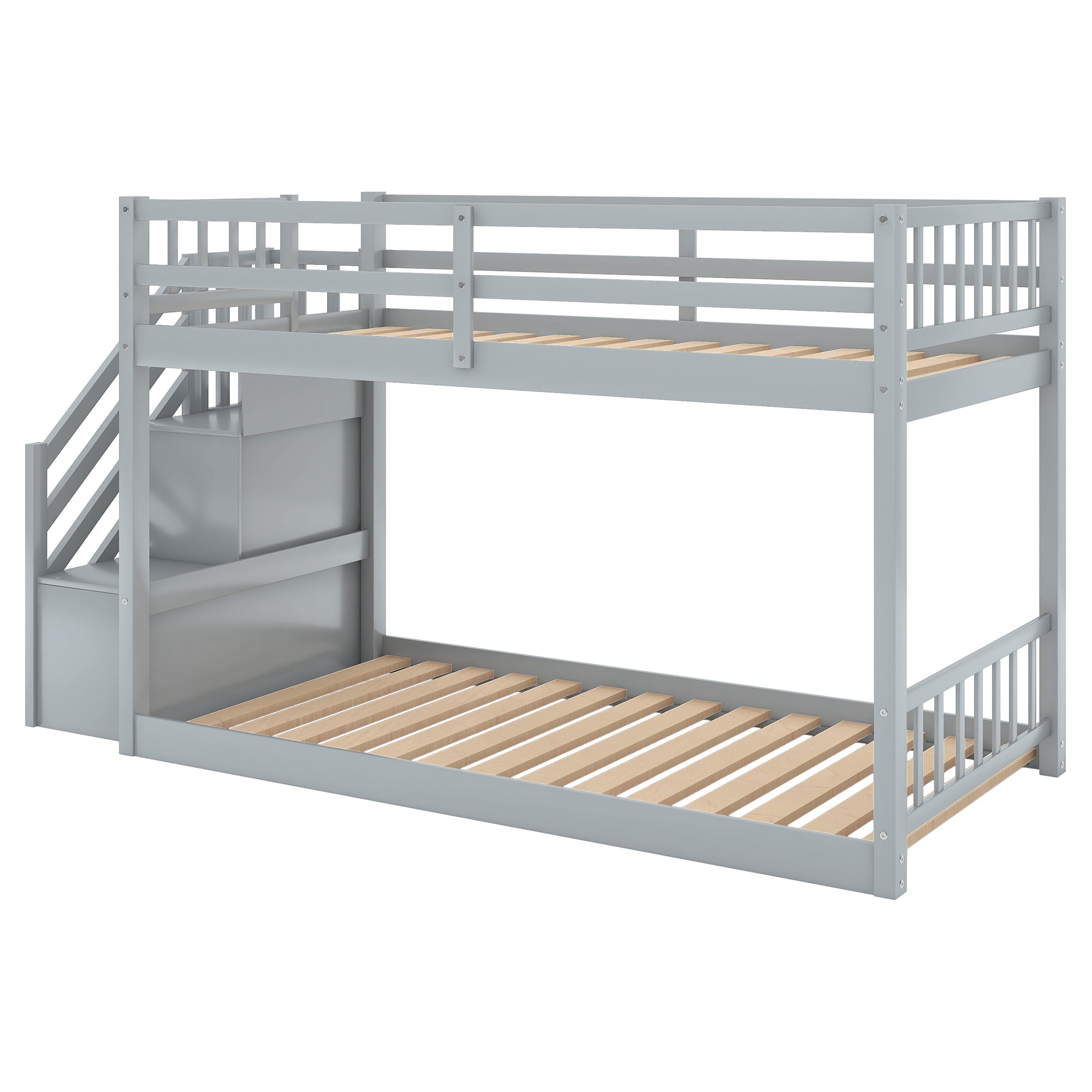 Euroco Wood Twin Over Twin Floor Bunk Bed with Stairs for Kids Room, Gray