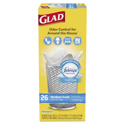 Glad OdorShield Medium Quick-Tie Trash Bags， 8 gal， 0.57 mil， 21.63