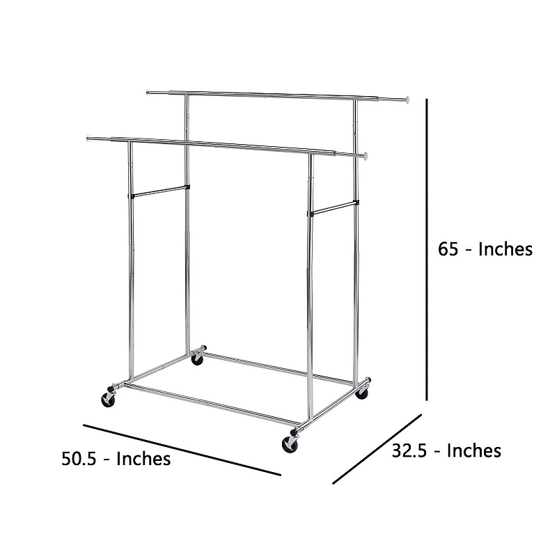 Dual Bar Tubular Metal Frame Garment Rack with Casters， Chrome