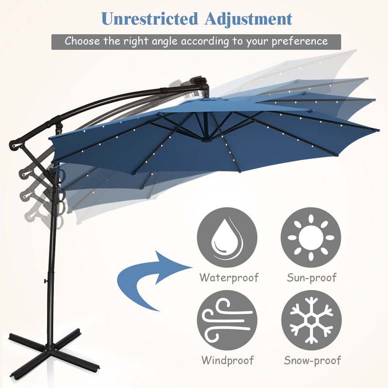 10 FT Patio Offset Umbrella with Solar Lights 360° Rotation Outdoor Market Umbrella with Crank Handle & Cross Base