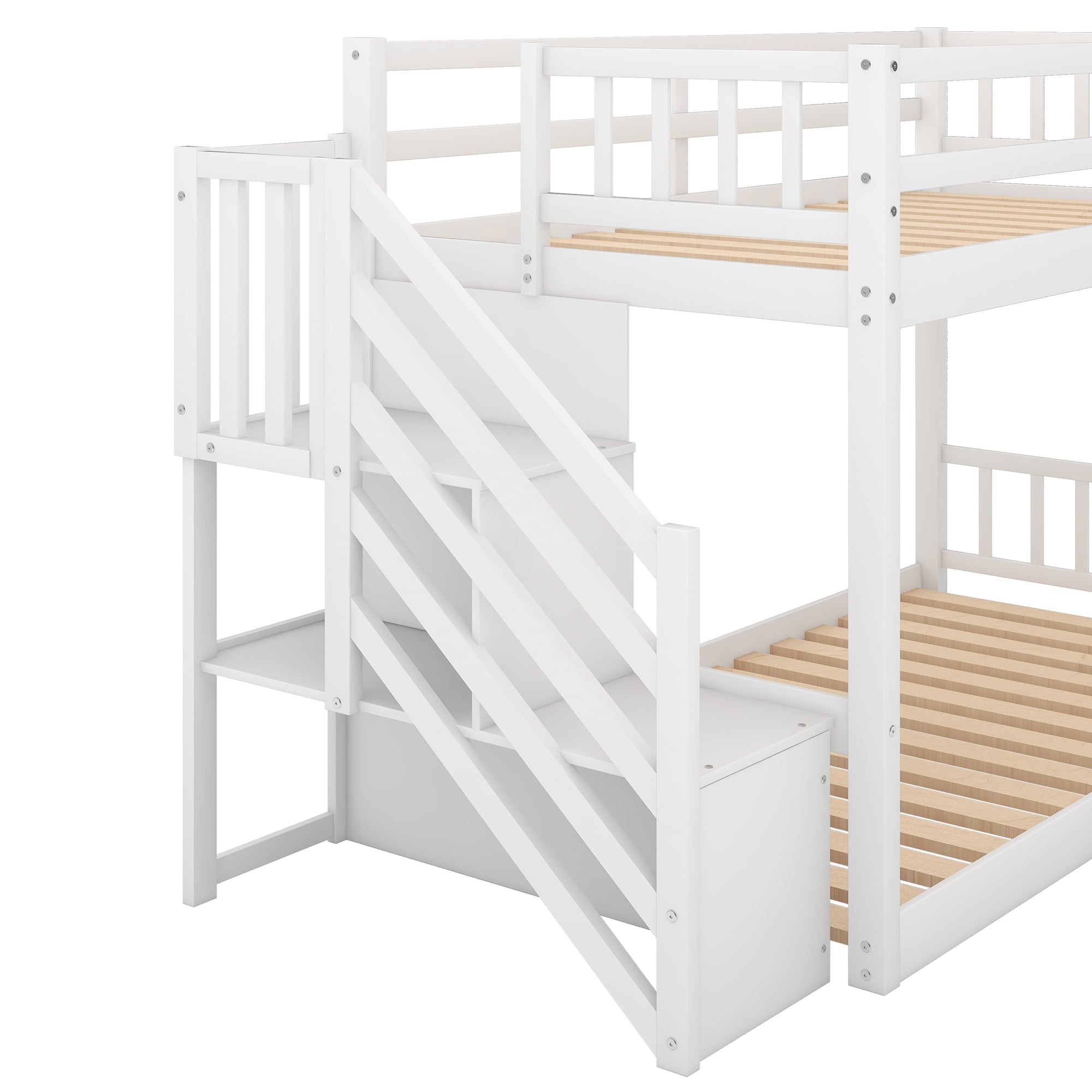 Euroco Wood Twin over Twin Floor Bunk Bed with Stairs for Kids Room, White