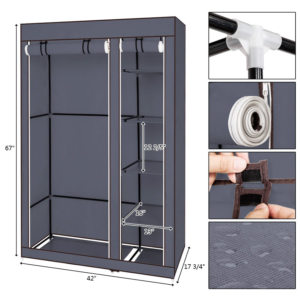 UBesGoo Portable Clothes Closet Non-woven Fabric Wardrobe Double Rod Storage Organizer Gray