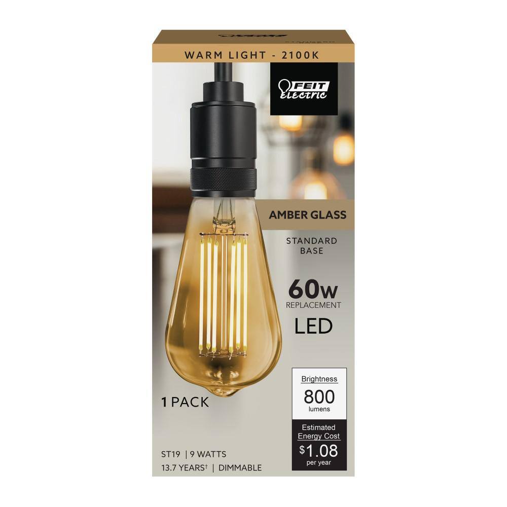 Feit Electric 60-Watt Equivalent ST19 Dimmable Straight Filament Amber Glass Vintage Edison LED Light Bulb Warm White (4-Pack) ST1960VGLEDHDRP4