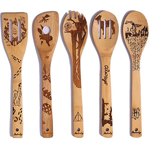 Organic Burned Engraved Wooden Spoons for Cooking Utensils set of 5, Magic Wizard Harr Potter Kitchen Bamboo Tools Accessories Women Gifts for Baking Wedding Housewares