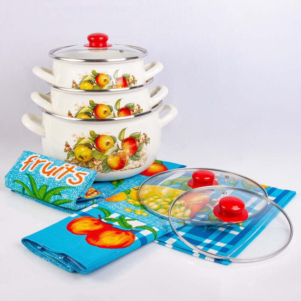 STP Goods Apples Enameled Deep Casserole Set of 3 w/Towel Set