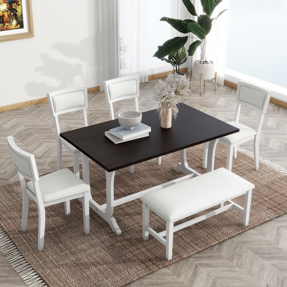 6 Piece Solid Wood Trestle Dining Table Set with 59inch Rectangular Table and 4 Linen Padded Backs Dining Chairs   Bench