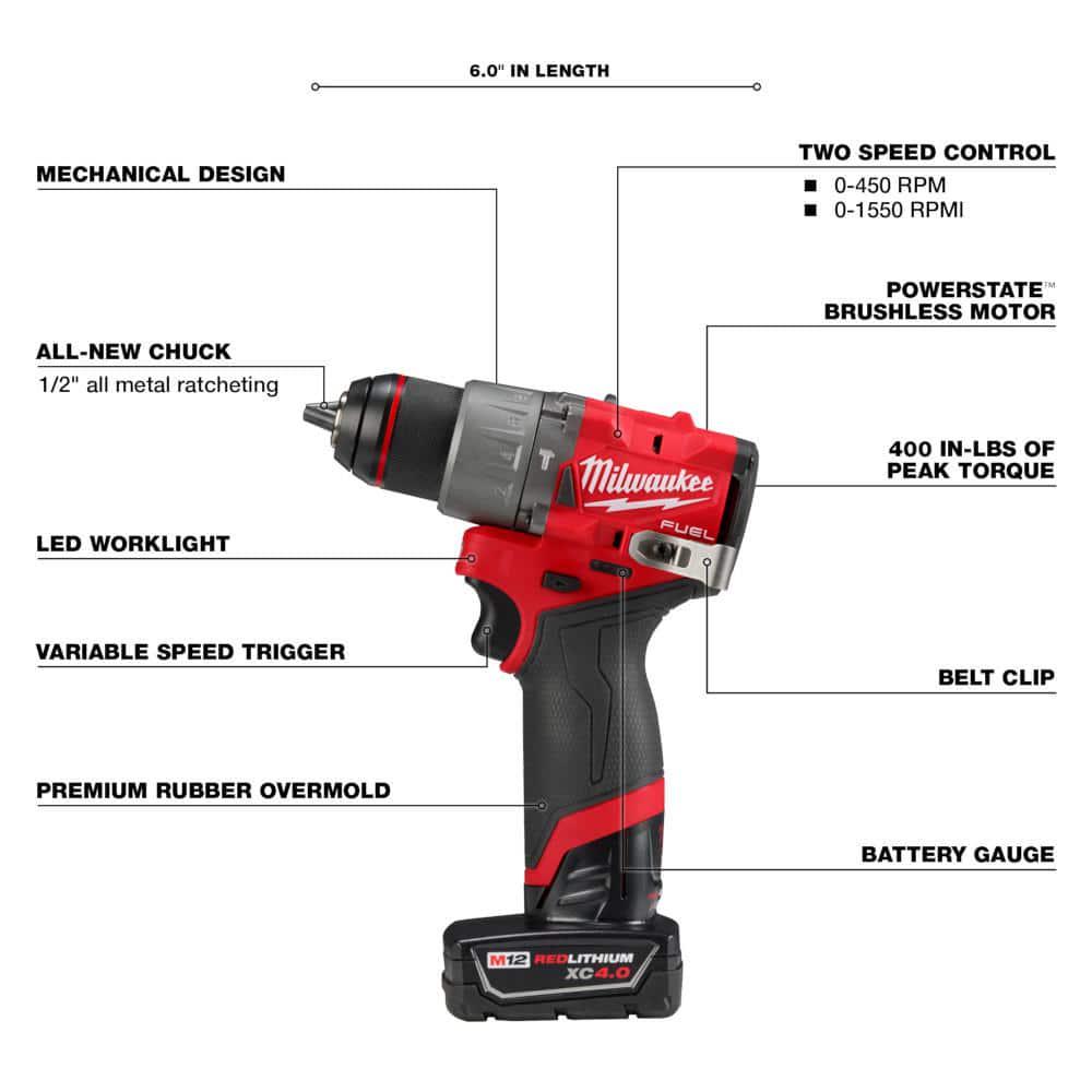 Milwaukee M12 FUEL 6 in 12V LithIon Brushless Electric Battery Chainsaw Saw HATCHET Kit with M12 FUEL Hammer Drill and Impact Kit