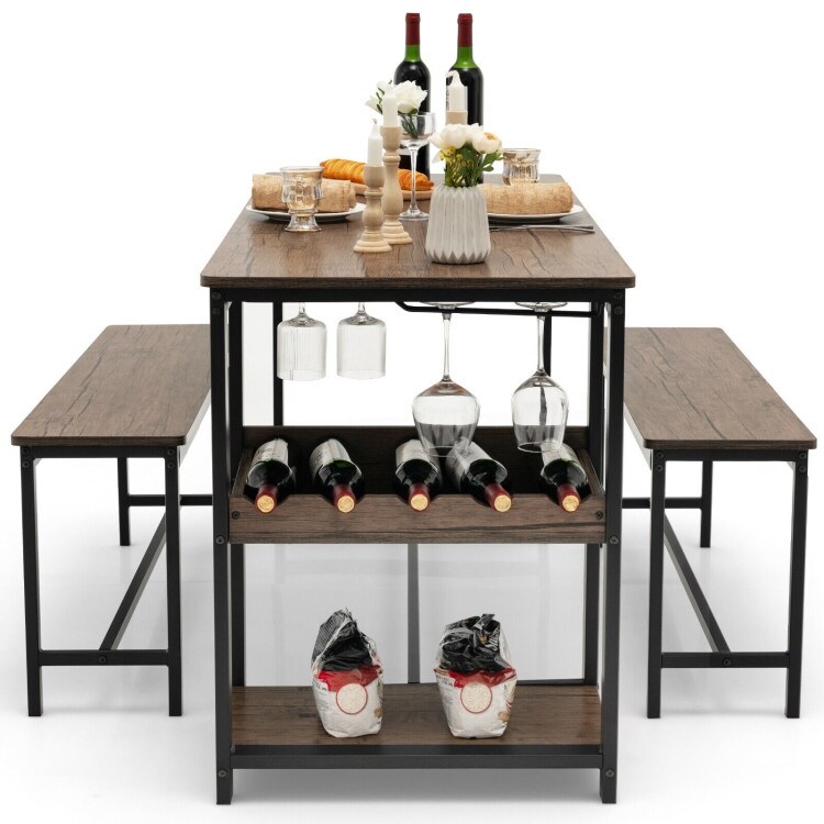 3 Pieces Dining Table Set for 4 with Wine Rack Brown   55\