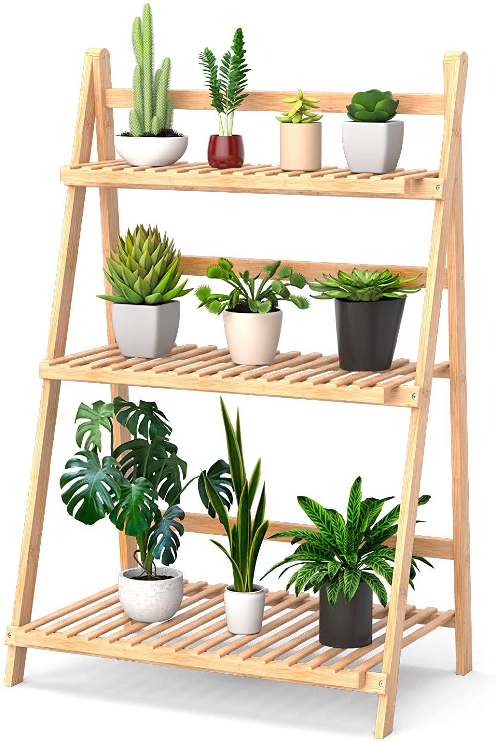 3 Tier Folding Bamboo Plant Stand Organizer Storage Shelving