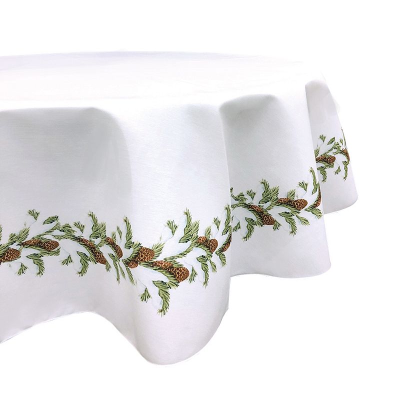 Round Tablecloth， 100% Polyester， 70 Round， Pinecone Snow Garland