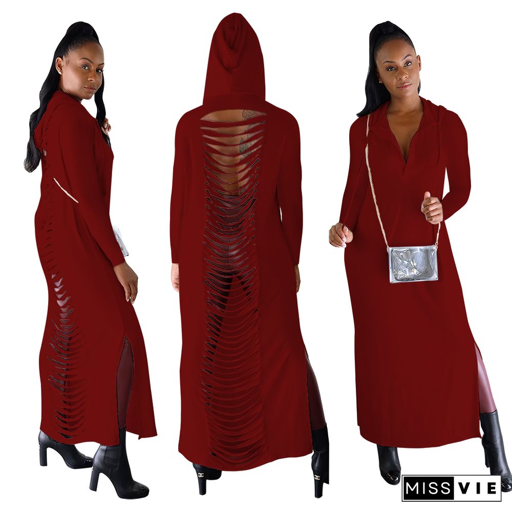 Solid Long Sleeve Back Hole Hooded Dress