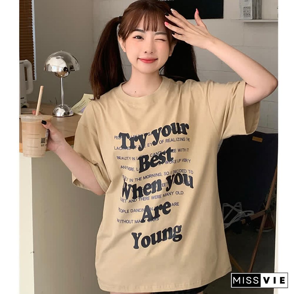 Chic Letter Print Round Collar Oversized T-Shirt