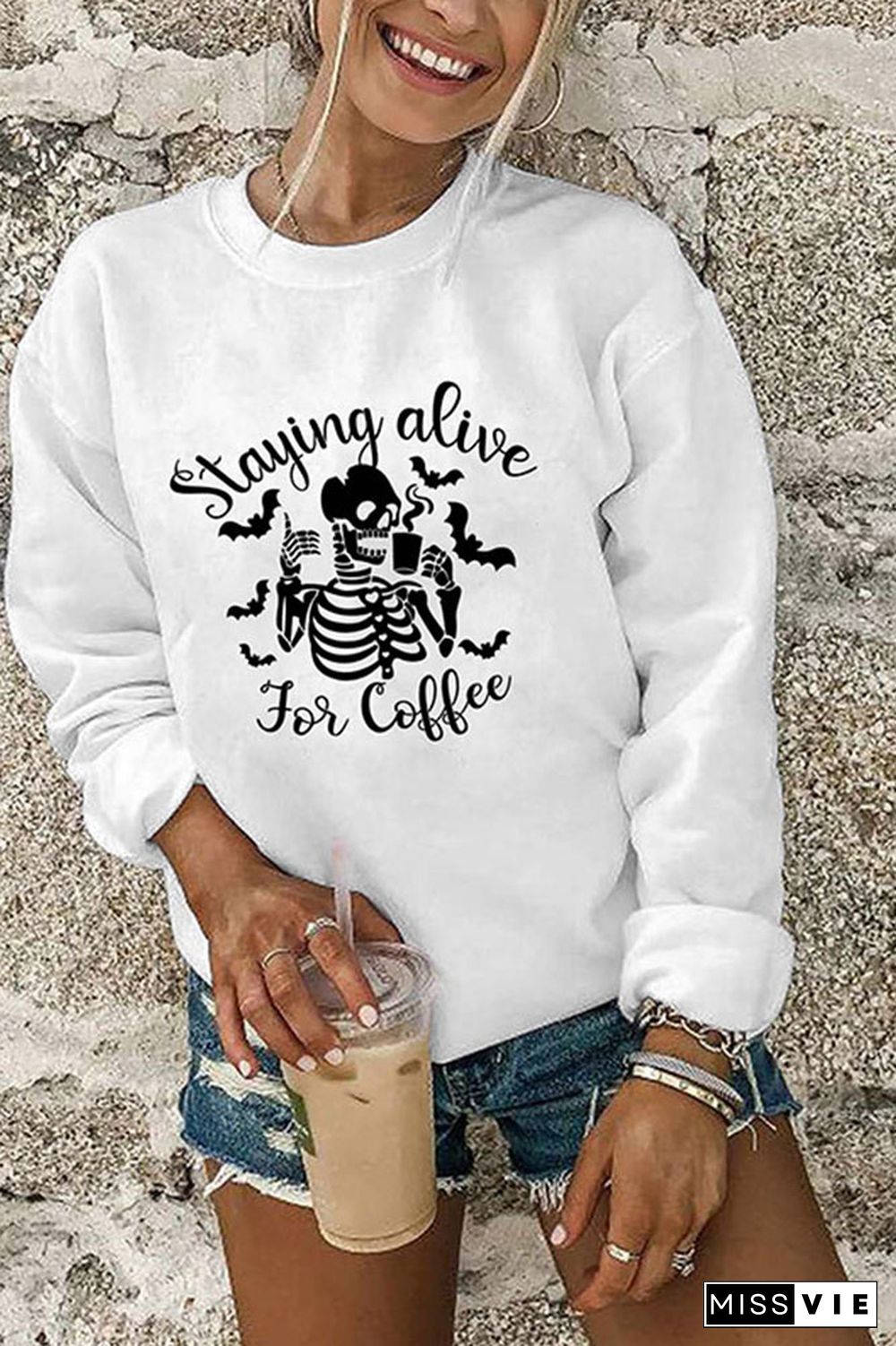 Staying Alive For Coffee Halloween Print O-neck Long Sleeve Sweatshirts Women Wholesale