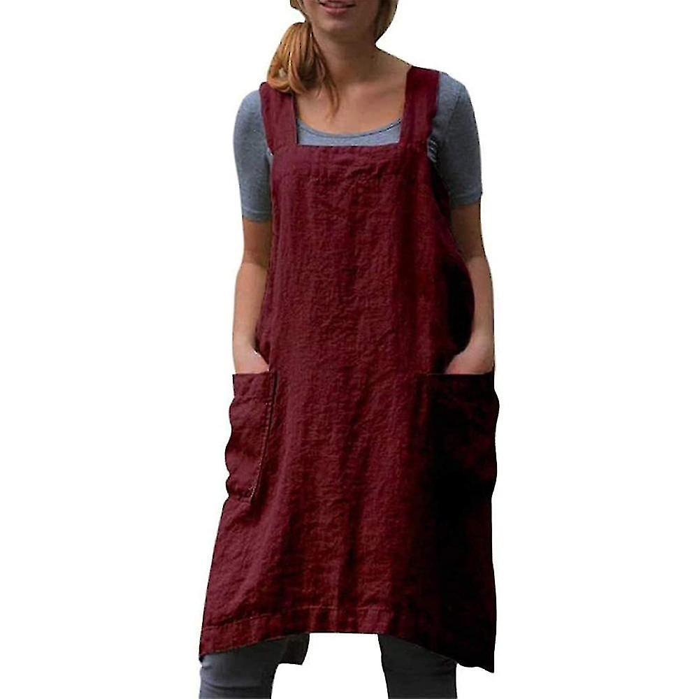 Cotton Linen Apron Cross Back Apron For Women With Pockets Pinafore Dress For Baking Cooking