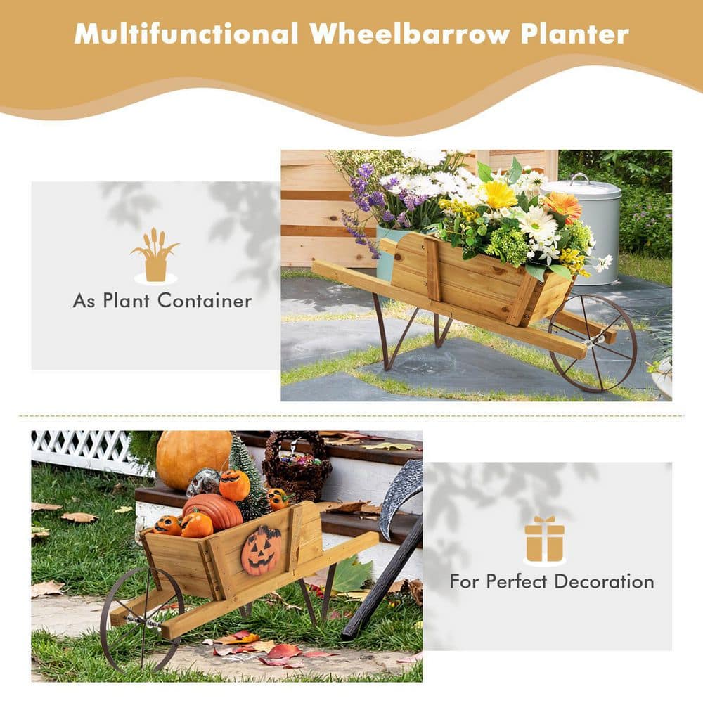 HONEY JOY Walnut Flower Pot Wheelbarrow Planter Solid Pine Wood Wagon Planter TOPB006449