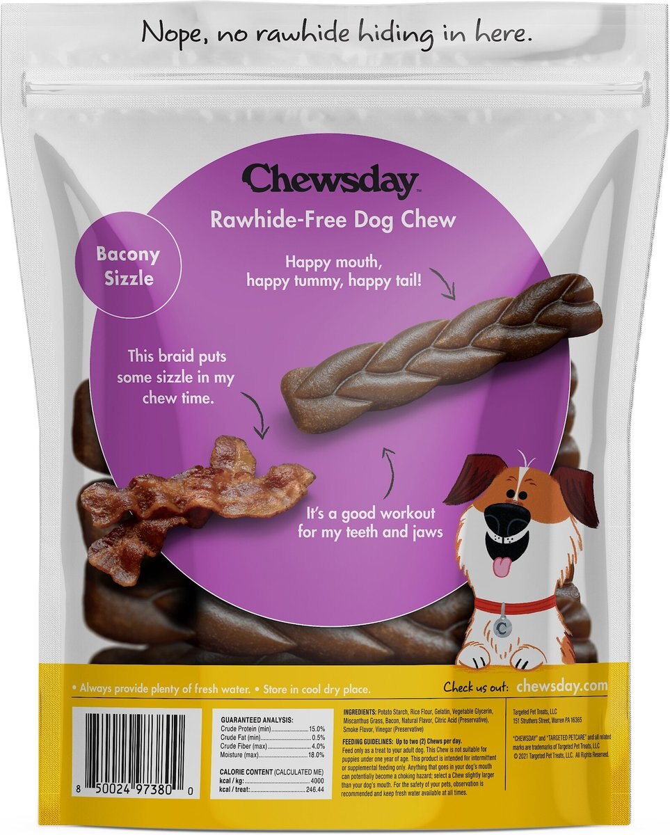 Chewsday Bacony Sizzle Chew Braids Rawhide-Free Dog Hard Chews， 7 count， Original