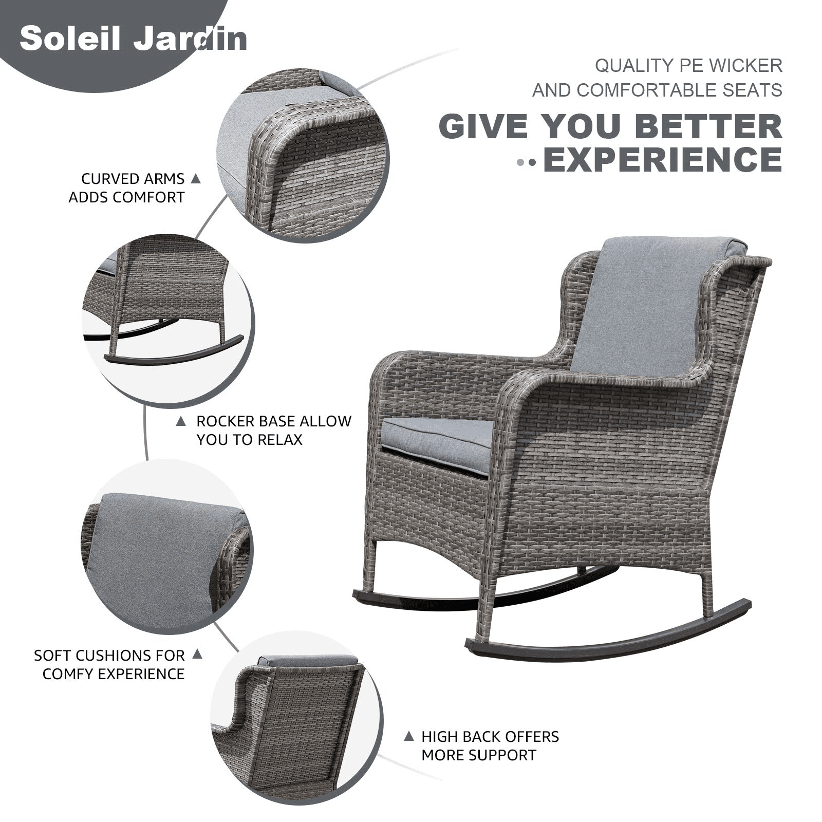 Soleil Jardin Set of 2 Patio Resin Wicker Rocking Chair w/ Cushions, Outdoor Furniture Gray Cushions