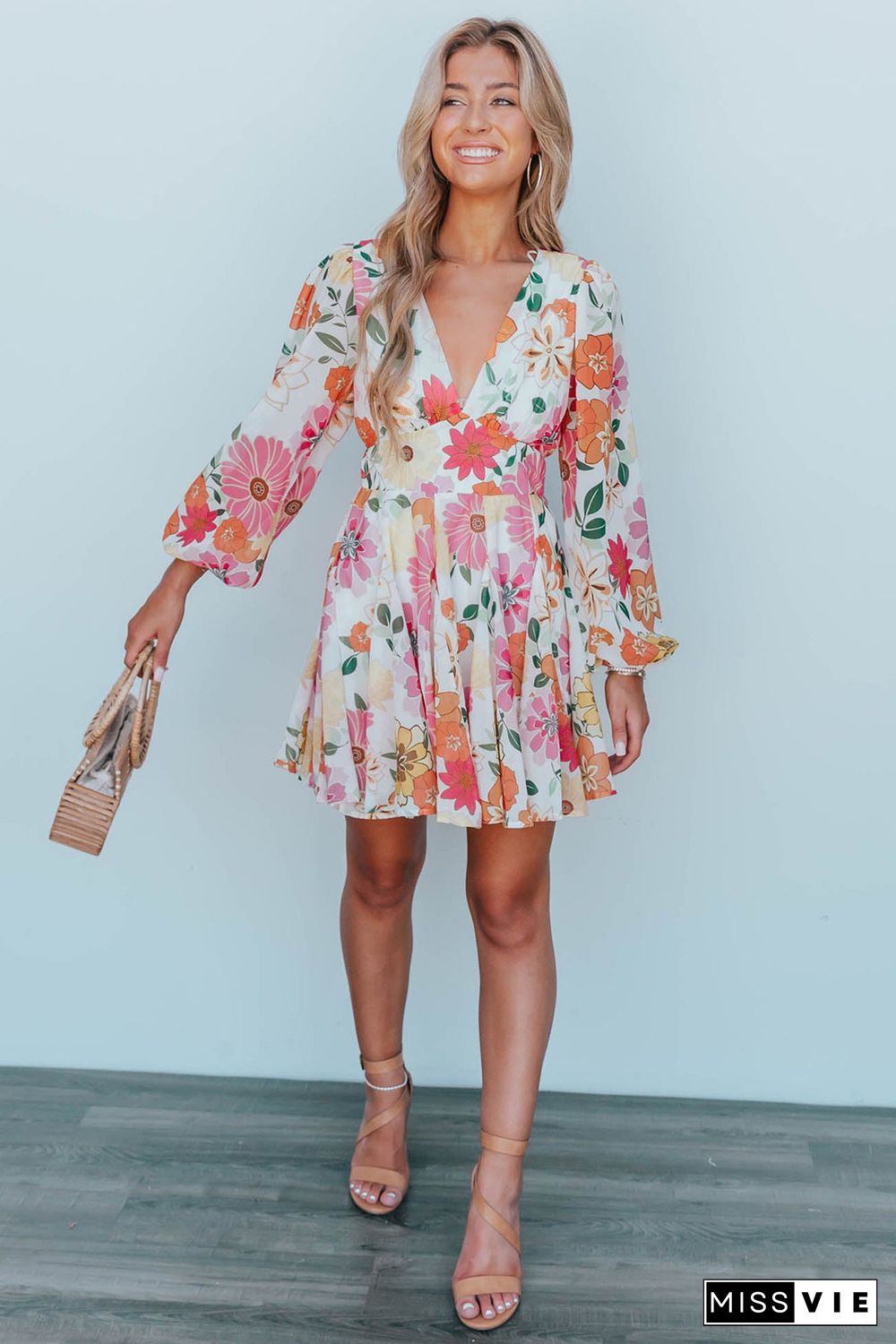 White Boho V Neck Bubble Sleeves Floral Dress