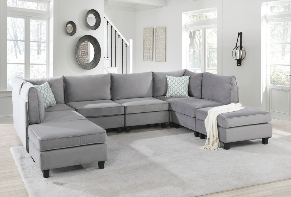 Zelmira Gray Velvet 8 Piece Modular Sectional Sofa  Corner Couch With Ottoman   Transitional   Sectional Sofas   by Lilola Home  Houzz