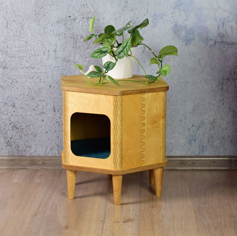 Cat hexagon house, wooden pet house, modern table, cat bed, pet furniture